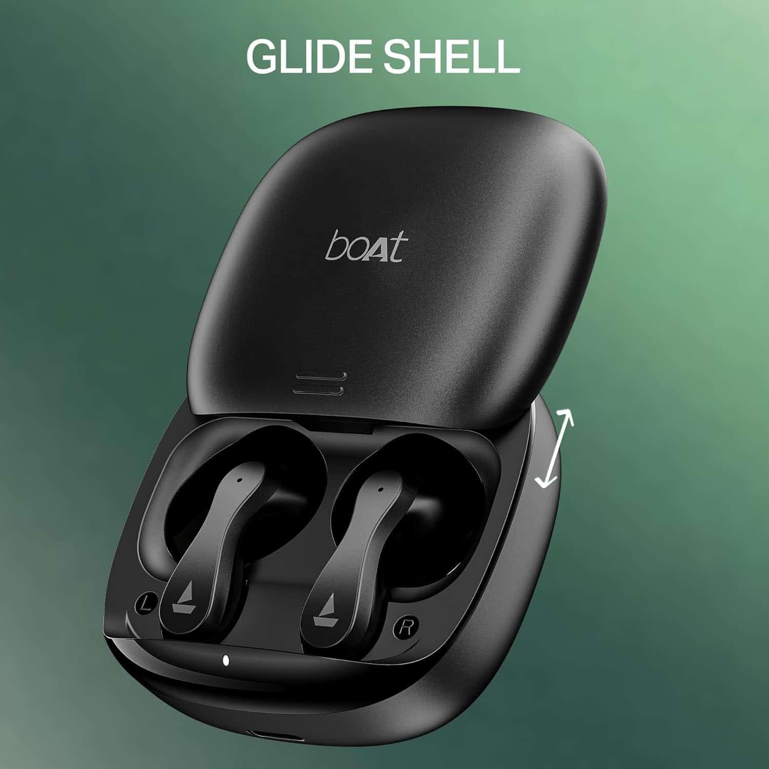 Close-up of the boAt Airdopes 313 charging case showing its Glide Shell design