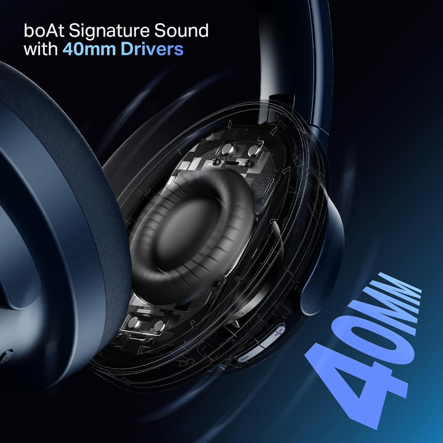 boAt Rockerz 512 ANC playing music with vibrant sound waves