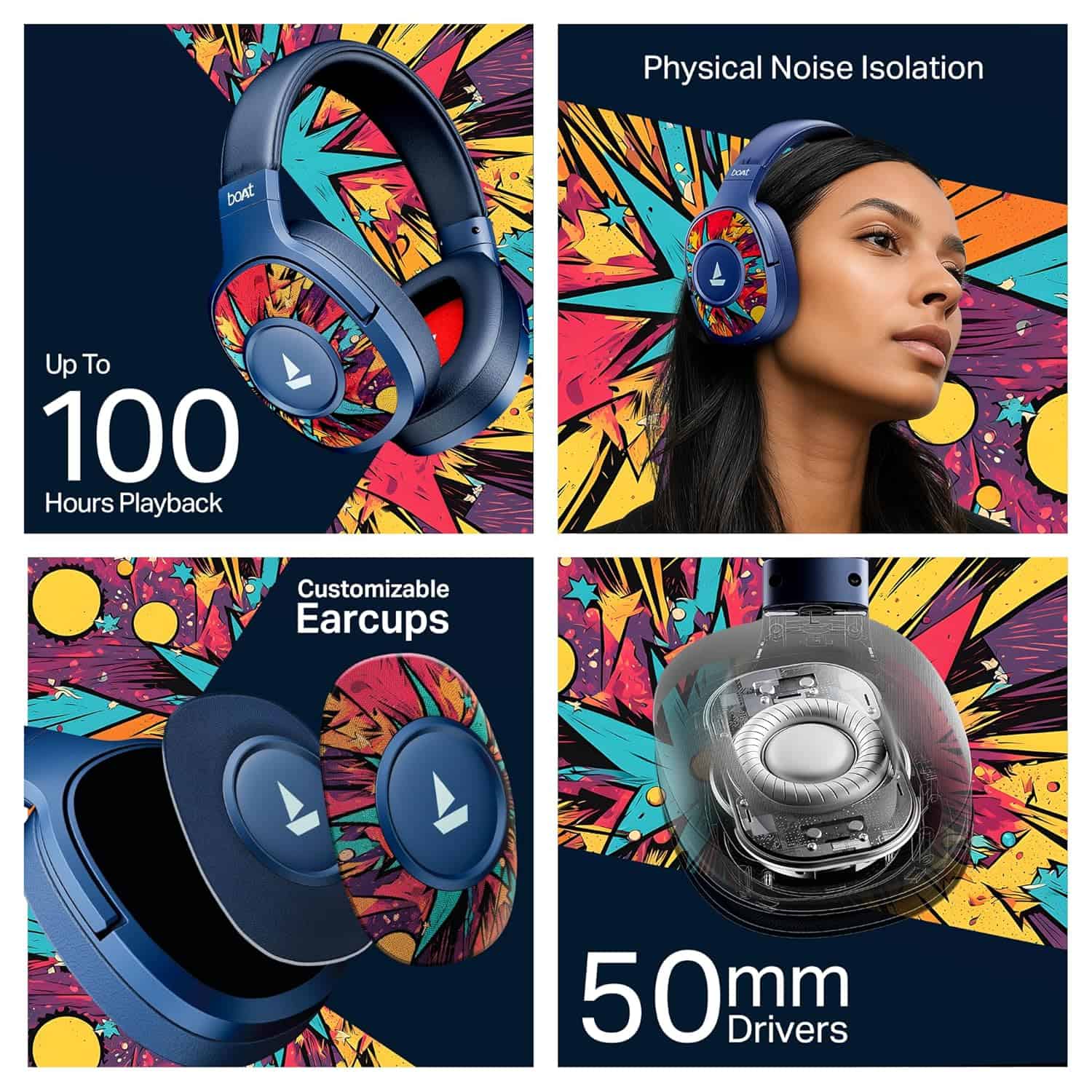 Close-up of the boAt Rockerz Plus 550 headphones showing the over-ear design with customizable earcups in colorful and black options, highlighting the durable build and magnetic attachment.